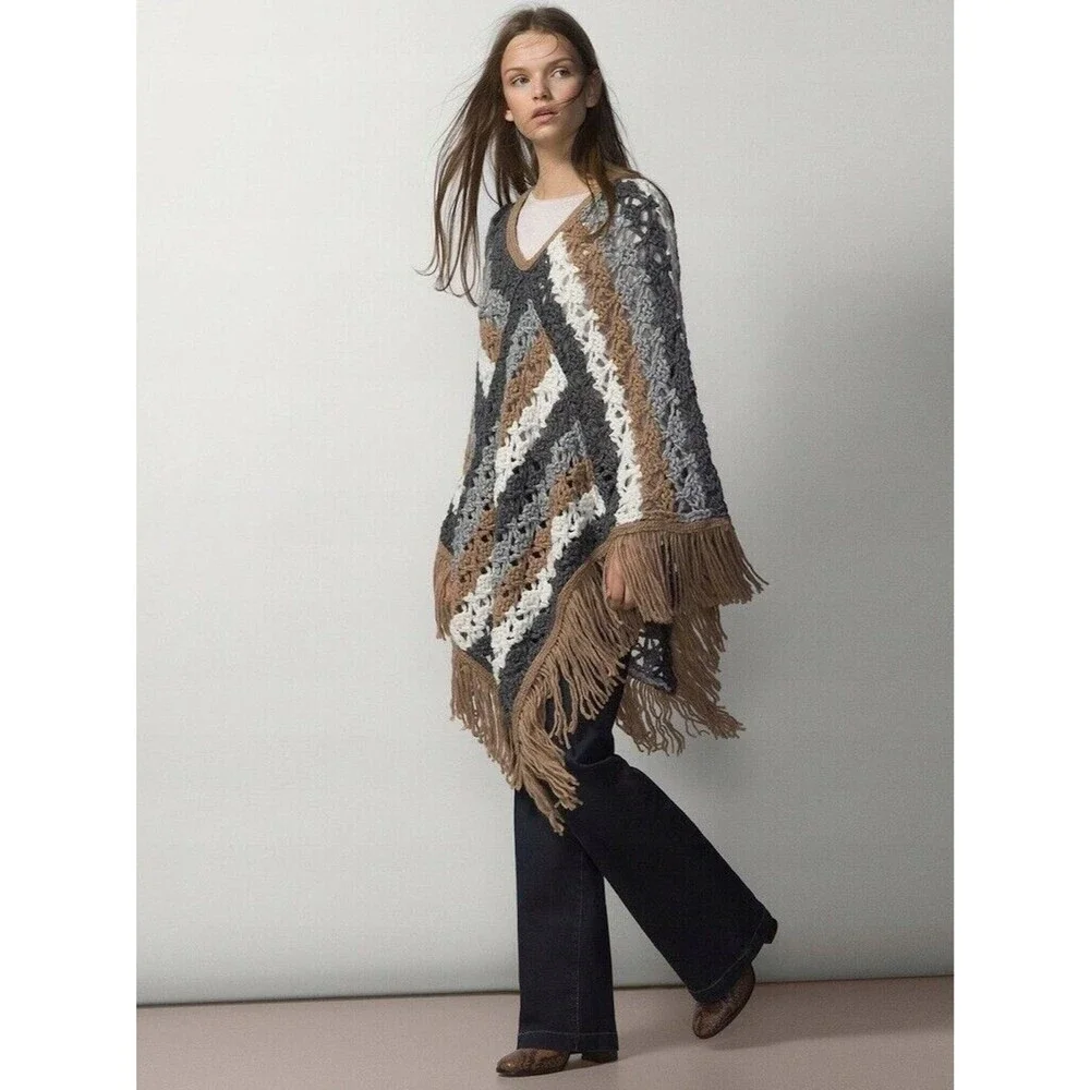 Massimo Dutti Crochet Striped Poncho Alpaca Wool Blend - Picture 4 of 5